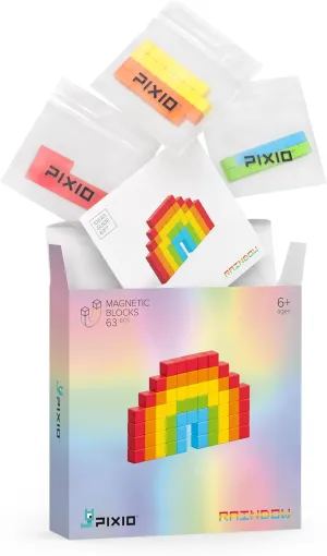 PIXIO Rainbow Tiny Magnetic Blocks Building Toy in The Pixel Art Style with Free App - 5/16" Plastic Cubes with 6 Magnets Inside - Open Ended Creativity Toy for Ages 6  - 63pcs