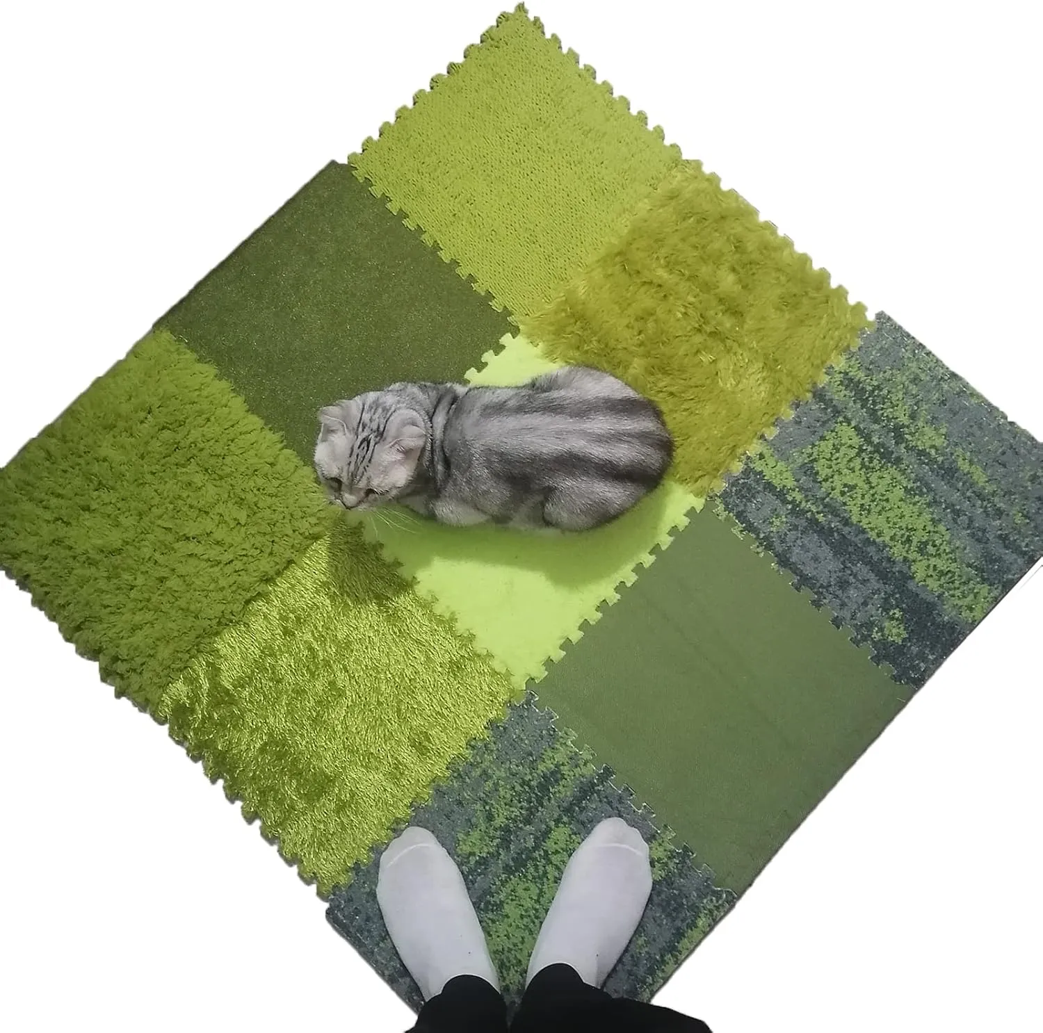 Playmat 9 Tiles Sensory Mat, Foam Interlocking Carpet Tiles, Square Area Rugs Set Floor Mats, Fluffy Plush Puzzle Play Mat for Sensory Room Game Room Bedroom Indoor, Green, 9Sq.Ft