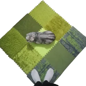 Playmat 9 Tiles Sensory Mat, Foam Interlocking Carpet Tiles, Square Area Rugs Set Floor Mats, Fluffy Plush Puzzle Play Mat for Sensory Room Game Room Bedroom Indoor, Green, 9Sq.Ft