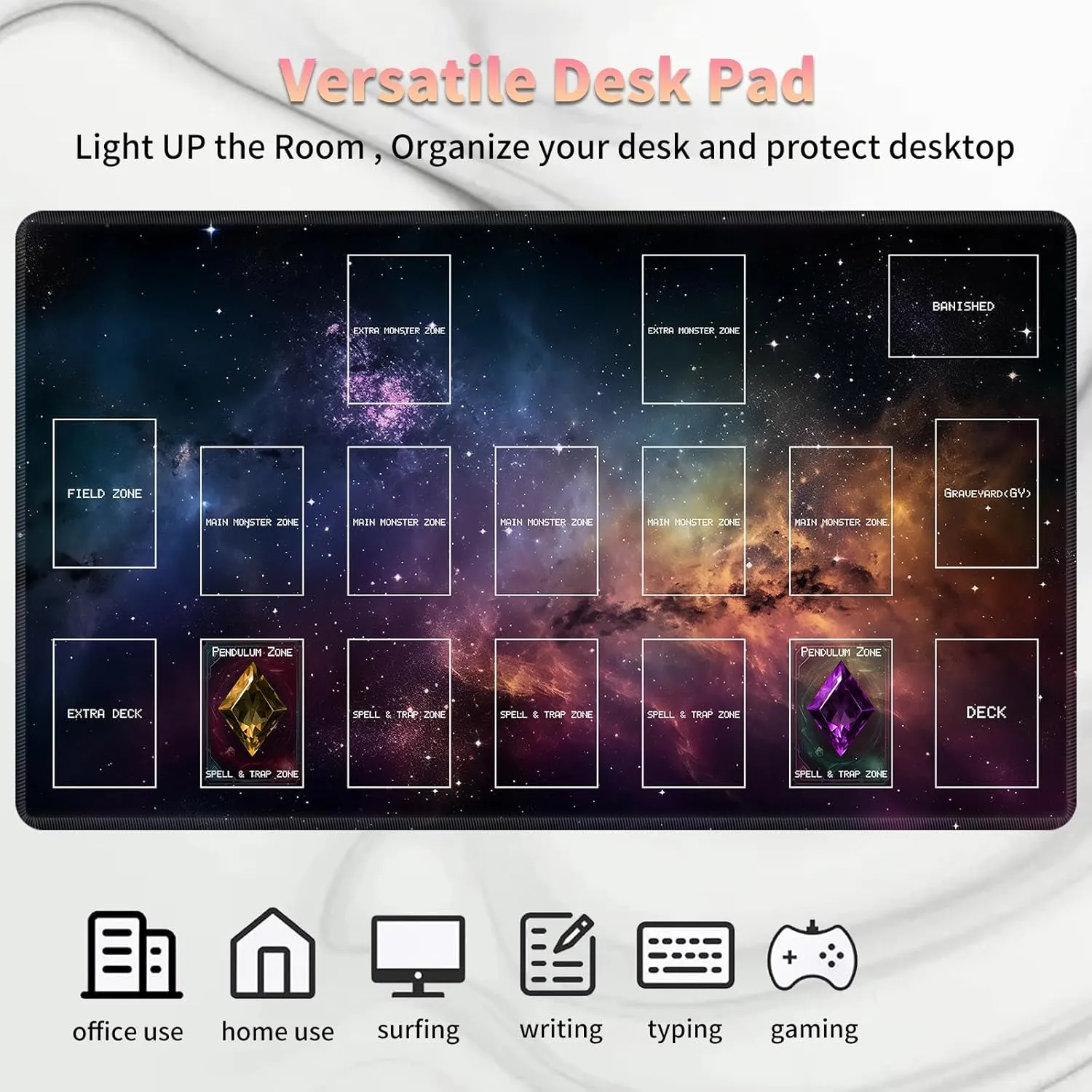 Playmat for OCG, Card Game Mat Non-Slip Rubber Base and Stitched, 24 x 14 in TCG Play Mat with Zones for CCG and Other Card Games, Flashing Starry Sky