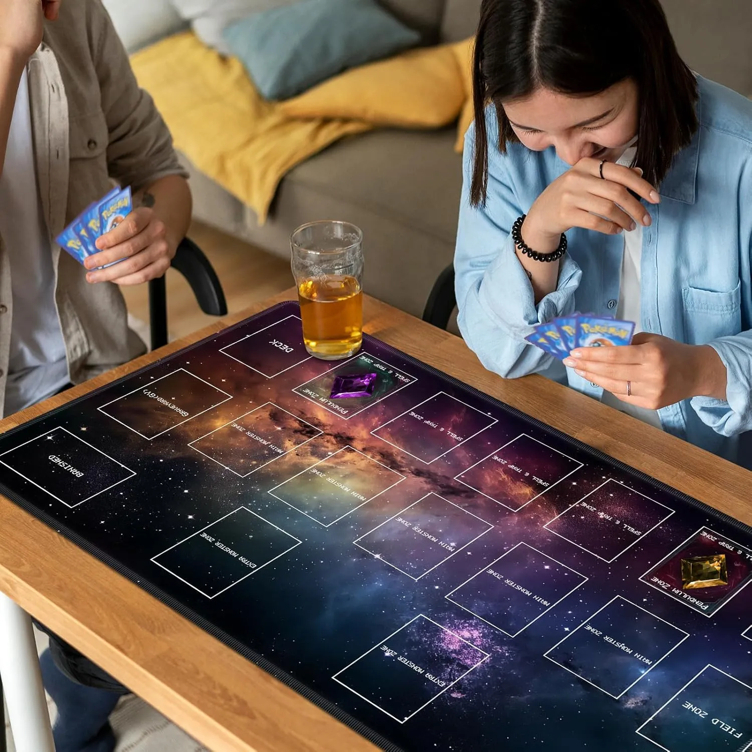Playmat for OCG, Card Game Mat Non-Slip Rubber Base and Stitched, 24 x 14 in TCG Play Mat with Zones for CCG and Other Card Games, Flashing Starry Sky