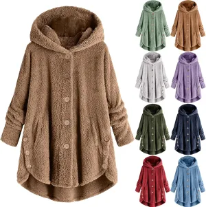 Plus Size Sherpa Tops For Women Casual Loose Button Down Hooded Fuzzy Fleece Jackets Warm Winter Loungewear