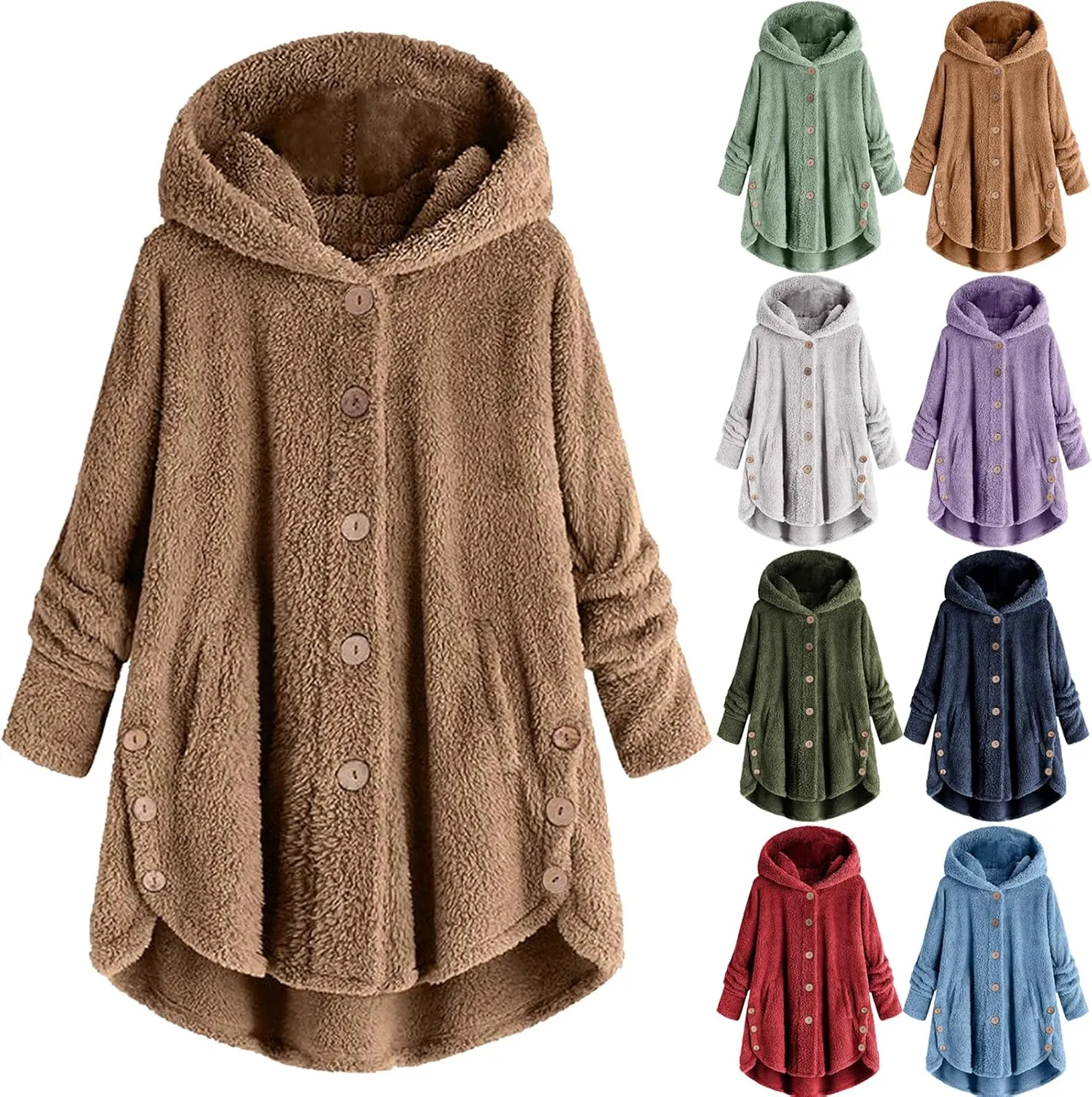 Plus Size Sherpa Tops For Women Casual Loose Button Down Hooded Fuzzy Fleece Jackets Warm Winter Loungewear