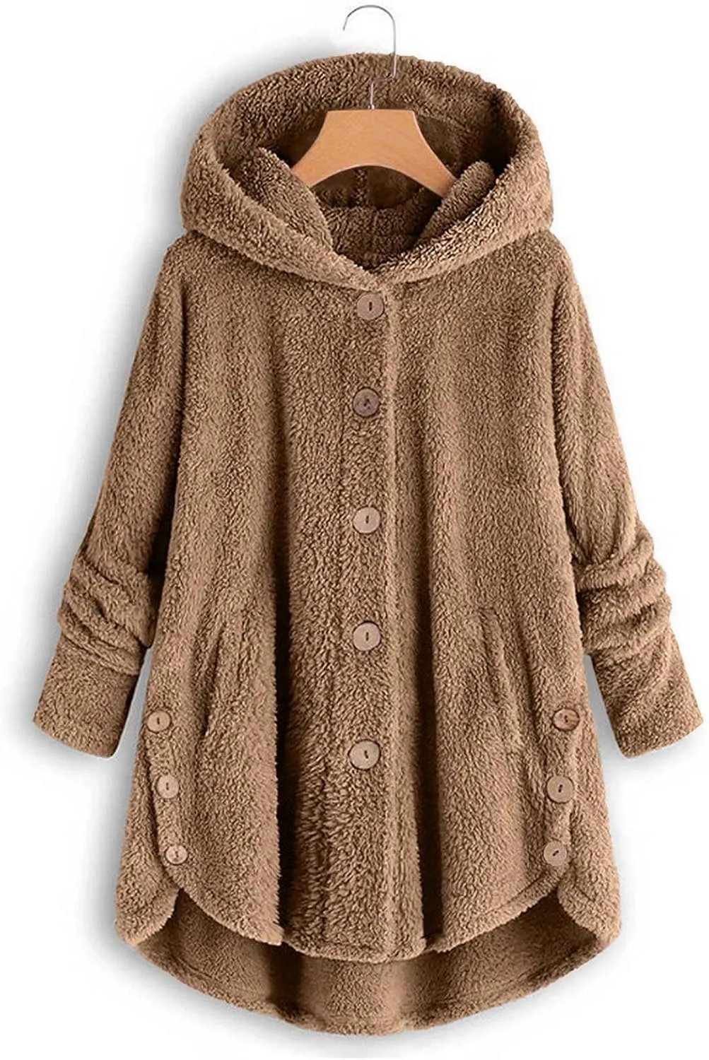 Plus Size Sherpa Tops For Women Casual Loose Button Down Hooded Fuzzy Fleece Jackets Warm Winter Loungewear