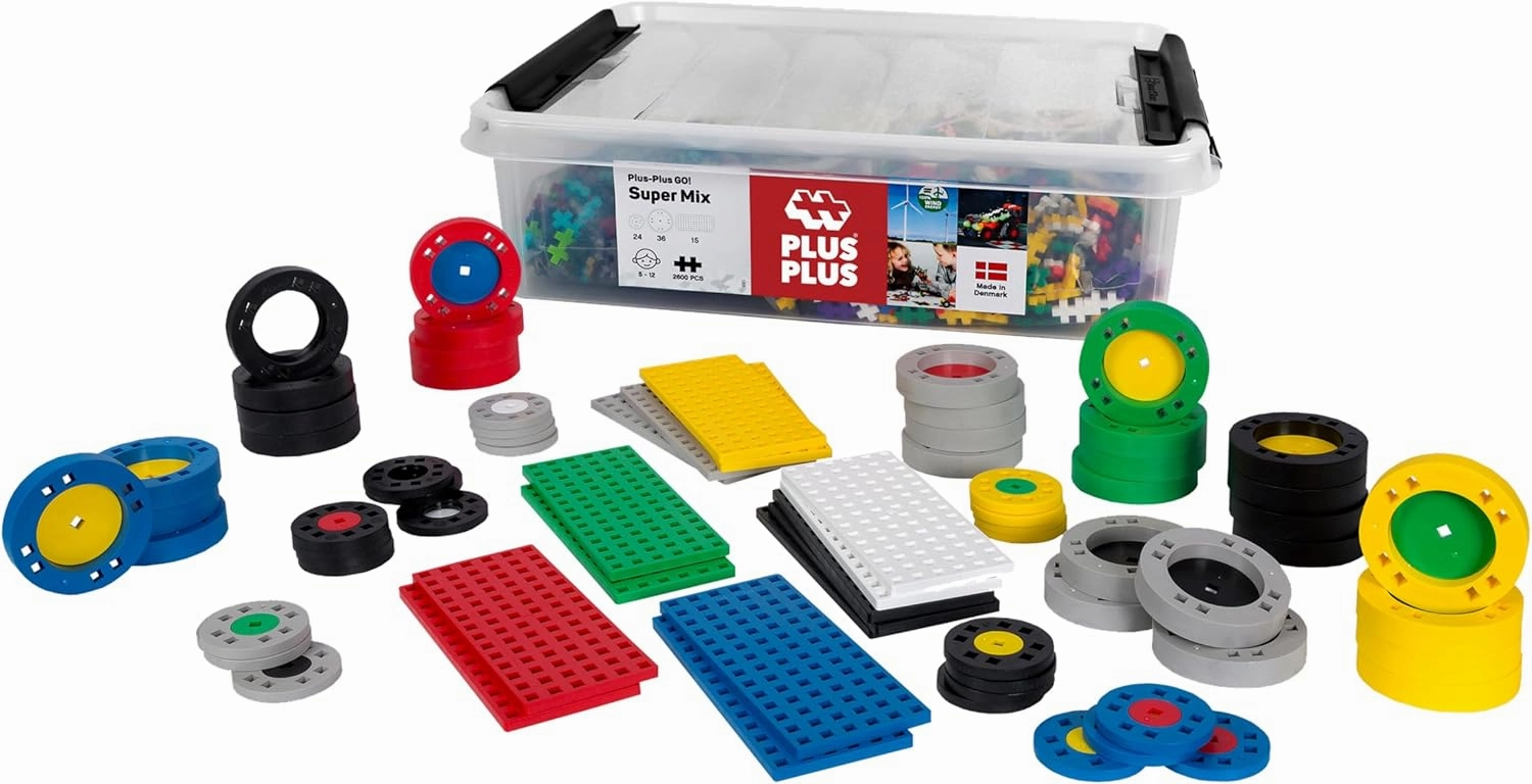 PLUS PLUS - GO! Educational Tub Wheel Mix - 2,600 Pieces / 15 Baseplates / 24 Wheels / 36 Big Wheels - Construction Building Stem/Steam Toy, Kids Mini Puzzle Blocks