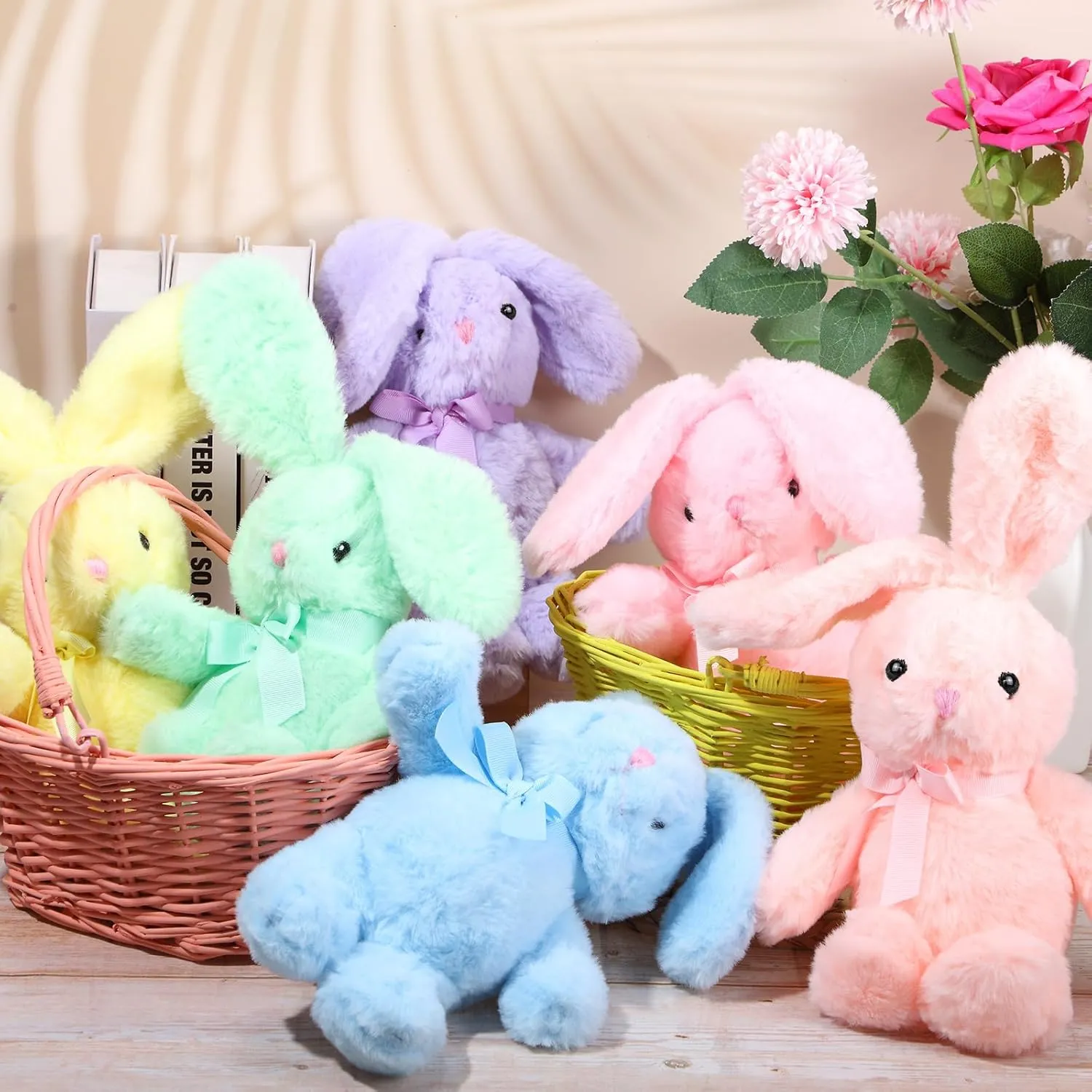 Plush Stuffed Animals cute 9.84'' Cuddly Toys Soft Plushies with Bowtie Macaron Color for Party Basket Stuffers Mother's Day Birthday Weeding Baby Shower Gifts(12 Pcs,Bunny)