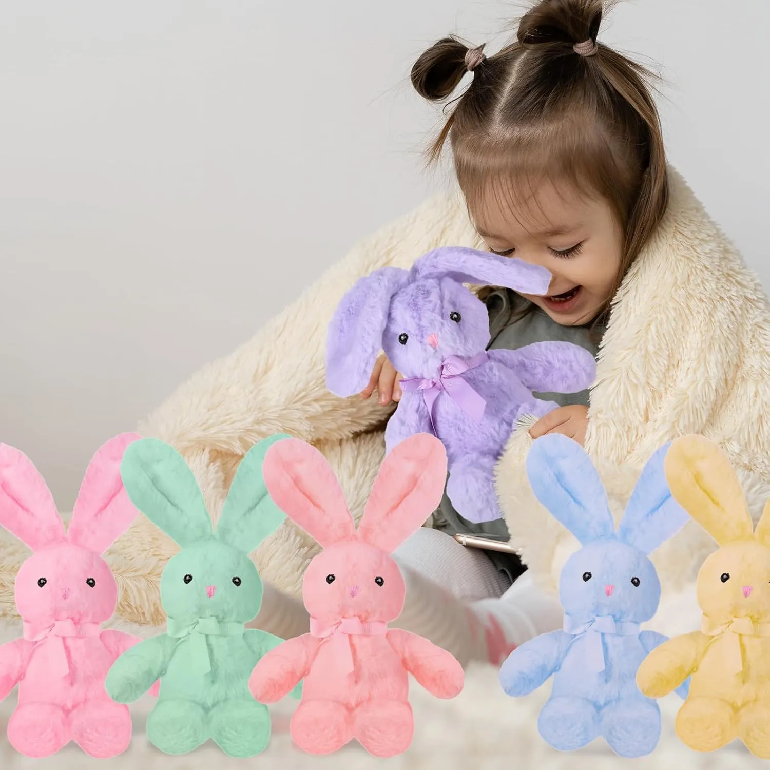 Plush Stuffed Animals cute 9.84'' Cuddly Toys Soft Plushies with Bowtie Macaron Color for Party Basket Stuffers Mother's Day Birthday Weeding Baby Shower Gifts(12 Pcs,Bunny)