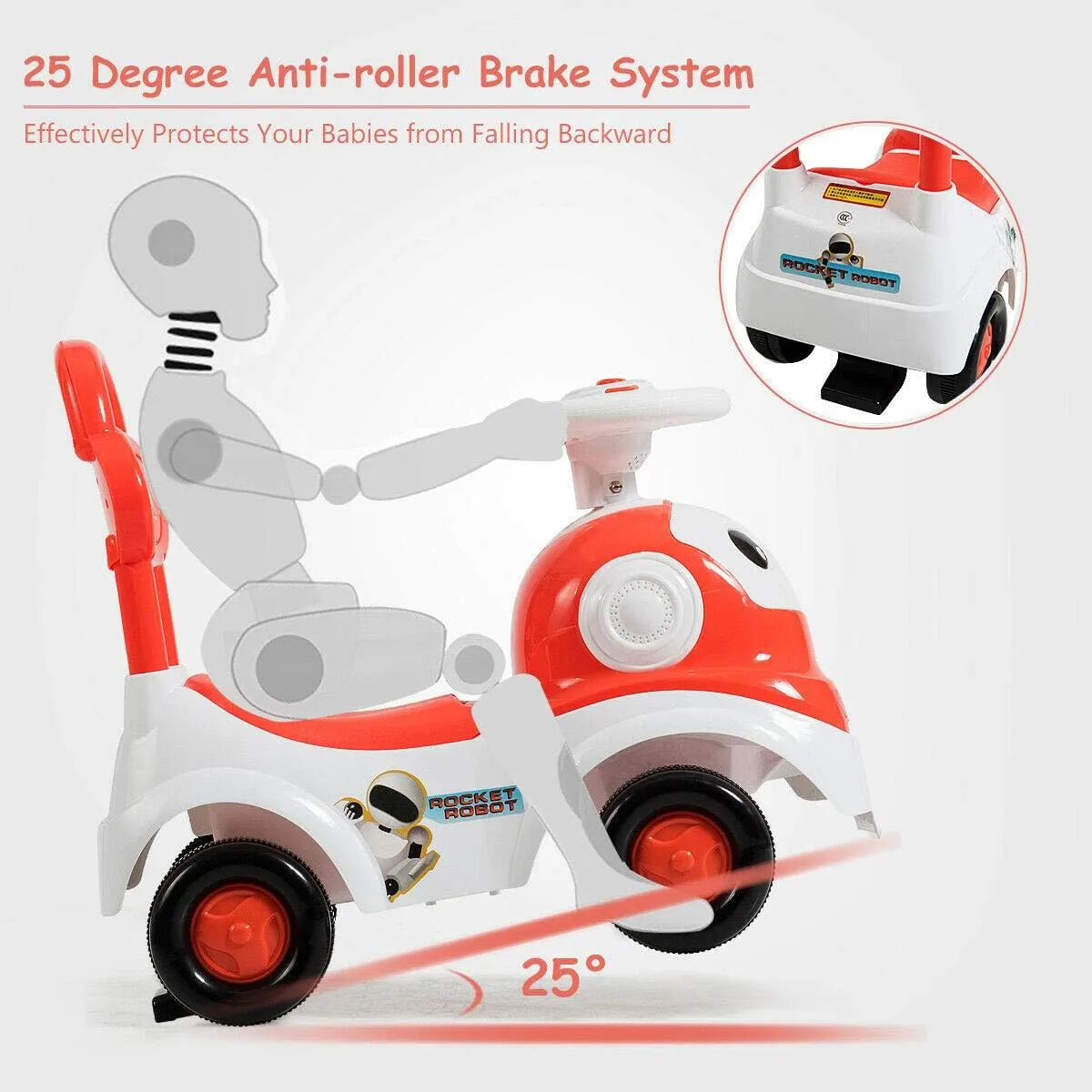 POCO DIVO Rocket Robot Ride On Toy 3in1 Cartoon Toddler Walker, STEM Baby Sliding Car, Pulling Cart with Music, Red