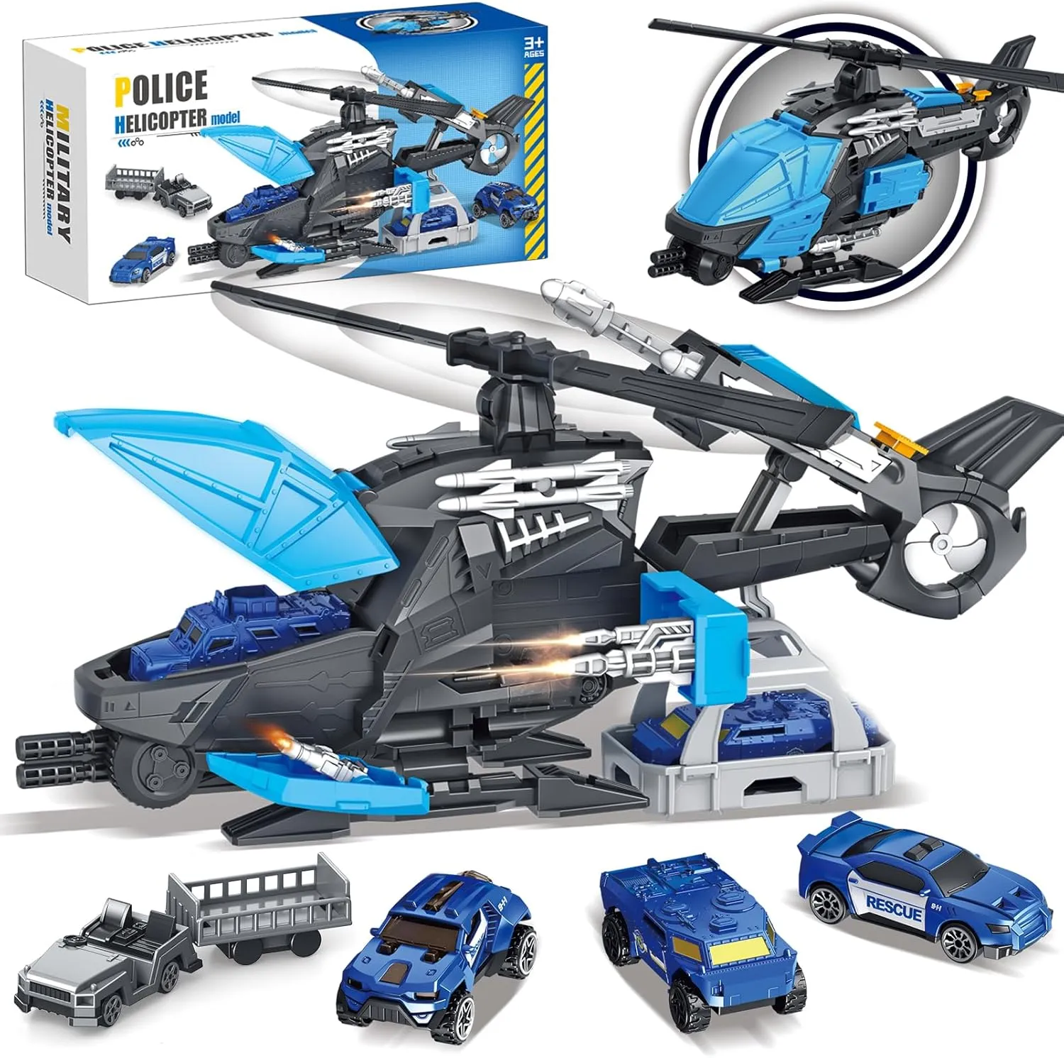 Police Rescue Helicopter Toy with Mini Car & Accessories, Durable Outdoor Playset for Kids Ages 3 , STEM Learning Gift for Boys Girls, Blue