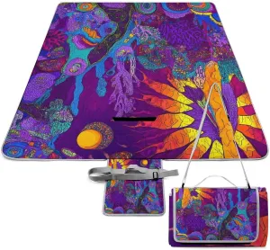 Portable Colorful Trippy Sun Mushroom Camping Blanket, Quick Drying Durable Picnic Mat for Beach Travel Hiking Travel Accessories