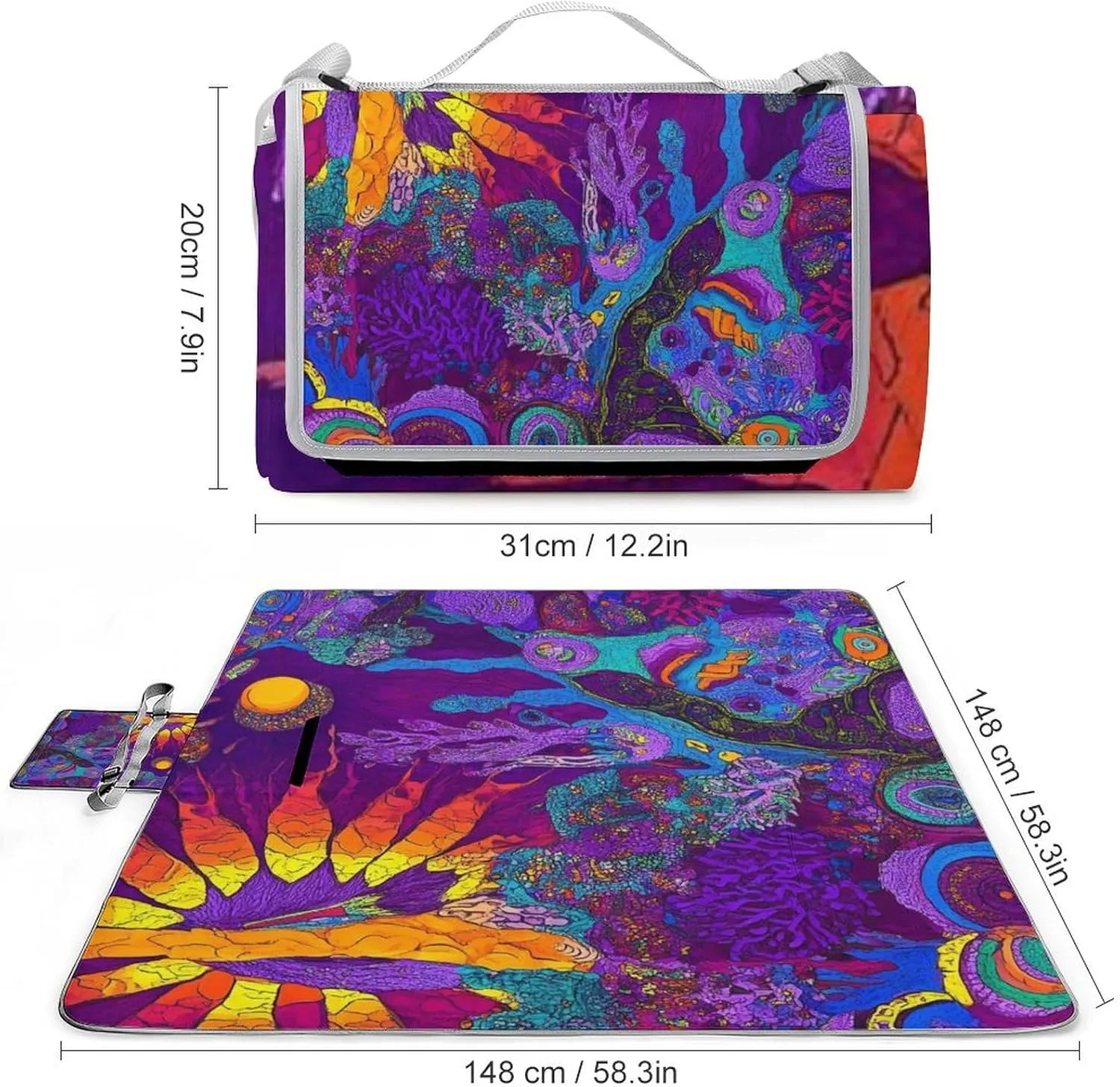 Portable Colorful Trippy Sun Mushroom Camping Blanket, Quick Drying Durable Picnic Mat for Beach Travel Hiking Travel Accessories