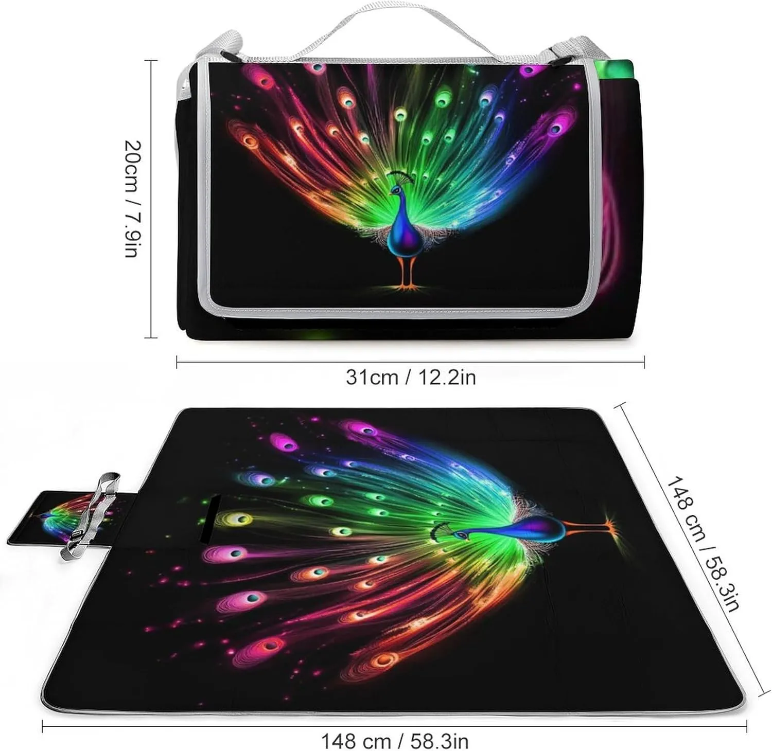 Portable Rainbow Peacock Painting Black Picnic Mat for Women Men Unisex, Waterproof Beach Blanket for Camping Travel Park Accessories