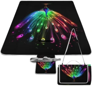 Portable Rainbow Peacock Painting Black Picnic Mat for Women Men Unisex, Waterproof Beach Blanket for Camping Travel Park Accessories