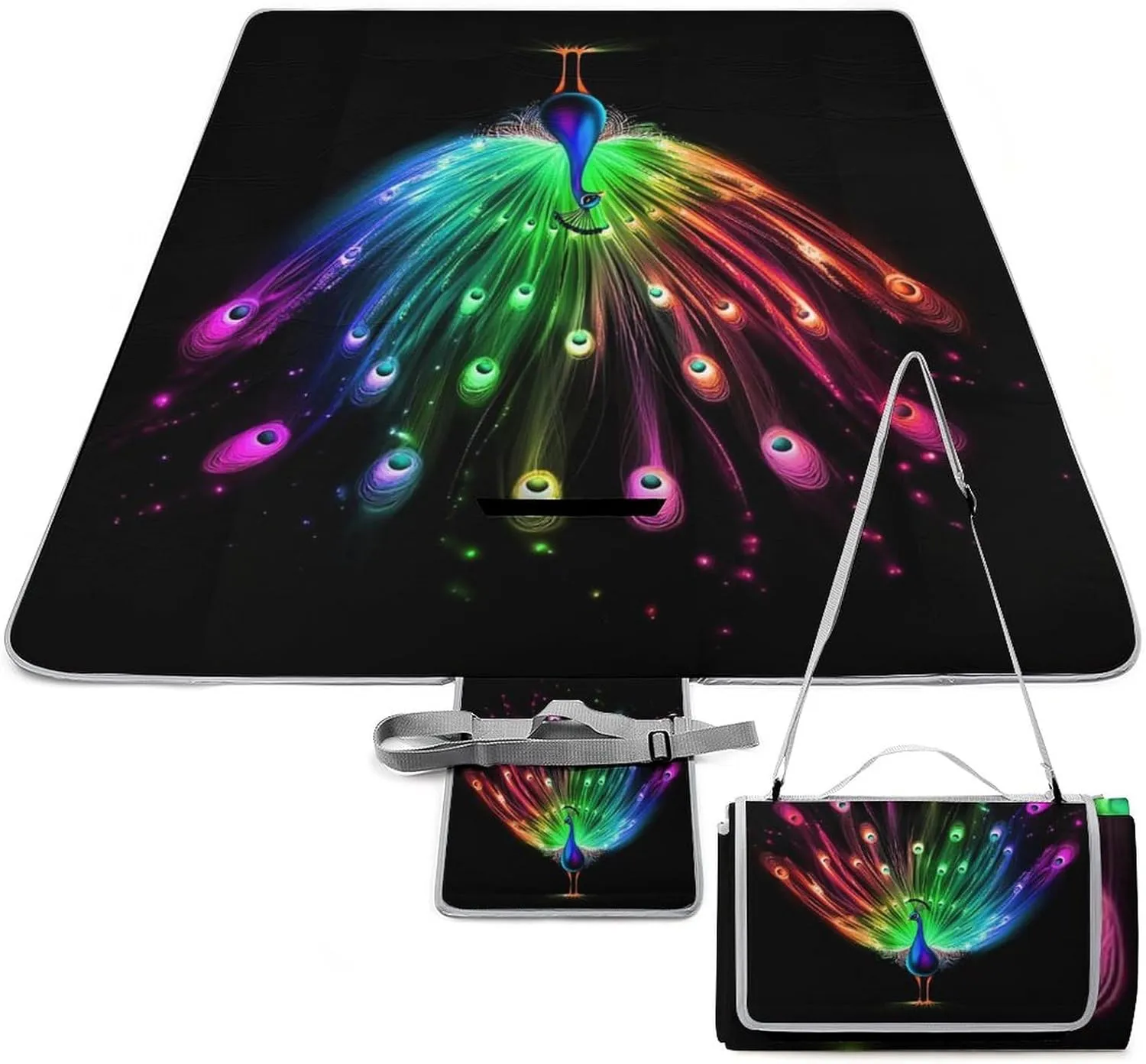 Portable Rainbow Peacock Painting Black Picnic Mat for Women Men Unisex, Waterproof Beach Blanket for Camping Travel Park Accessories