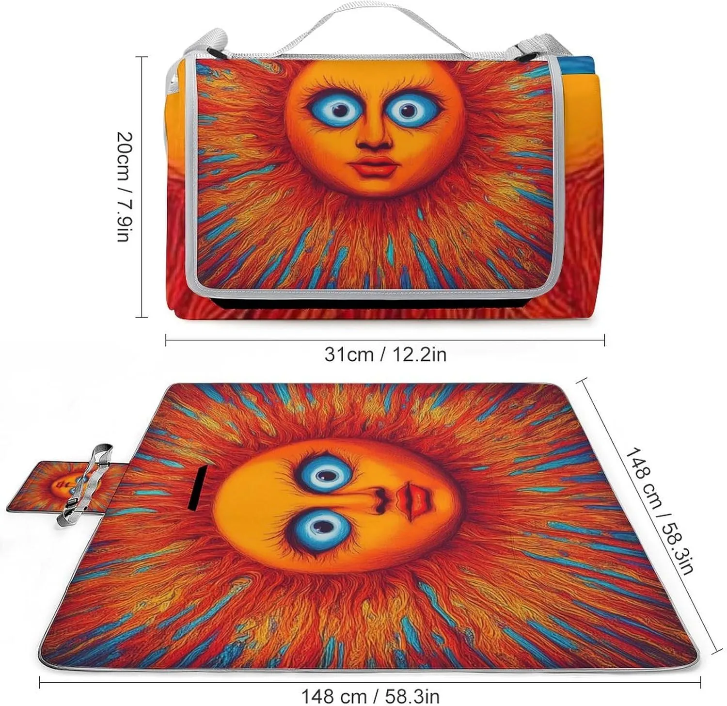 Portable Trippy Funny Sun Art Picnic Mat for Women Men Unisex, Waterproof Beach Blanket for Camping Travel Park Accessories