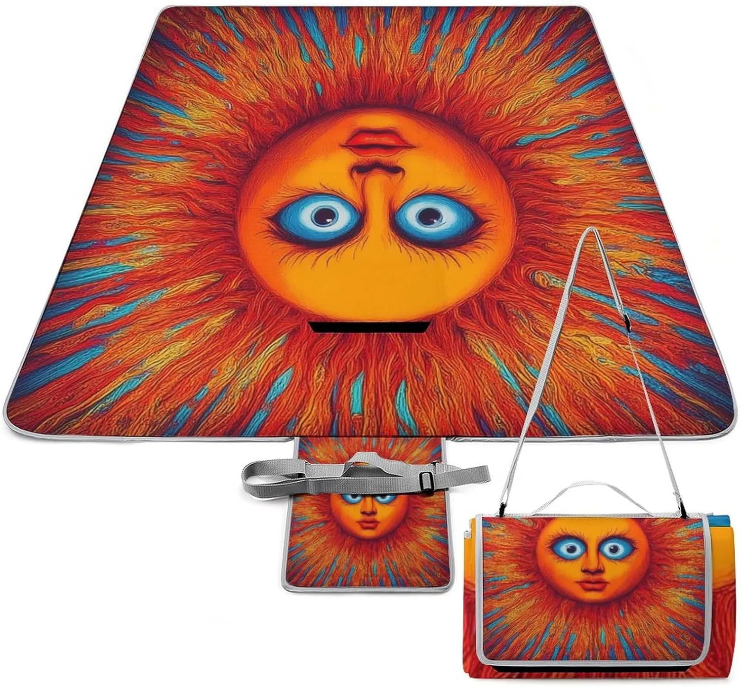 Portable Trippy Funny Sun Art Picnic Mat for Women Men Unisex, Waterproof Beach Blanket for Camping Travel Park Accessories