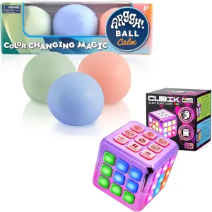 Power Your Fun Cubik LED Flashing Cube Memory Game (Metallic Pink/Purple)- 5 Brain Memory Games for Kids STEM Sensory Toys Bundled with Arggh Calm Mini Stress Balls - 3pk Squishy Stress Balls