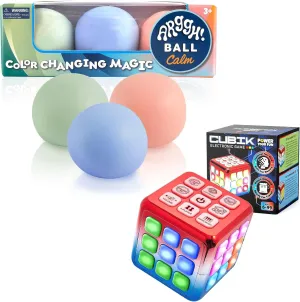Power Your Fun Cubik LED Flashing Cube Memory Game (Metallic Red/Blue)- 5 Brain Memory Games for Kids STEM Sensory Toys Bundled with Arggh Calm Mini Stress Balls - 3pk Squishy Stress Balls