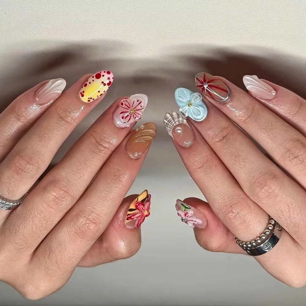 Press On Nails - Handmade 3D Oval Nails, Artistic Design, Reusable Thick Acrylic and Muti-Layer Gel False Nails, DIY Art Decorate with Set