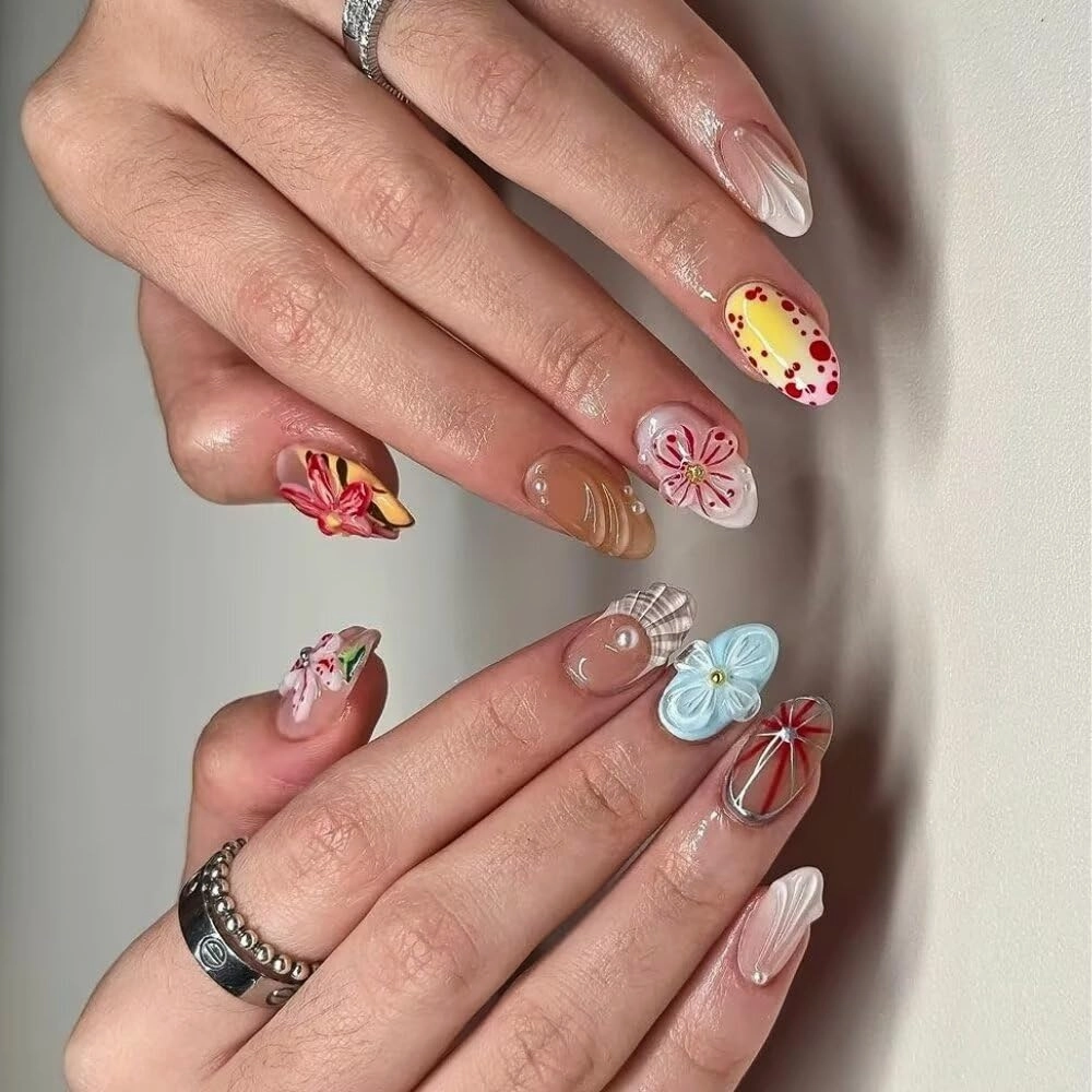 Press On Nails - Handmade 3D Oval Nails, Artistic Design, Reusable Thick Acrylic and Muti-Layer Gel False Nails, DIY Art Decorate with Set