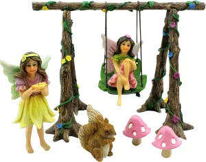 PRETMANNS Fairy Garden Accessories Starter Kit with Figurines, Swing Set, Squirrel & 2 Mushrooms – Ideal for Indoor Outdoor Miniature Garden – 6 Hand-Painted Resin Items