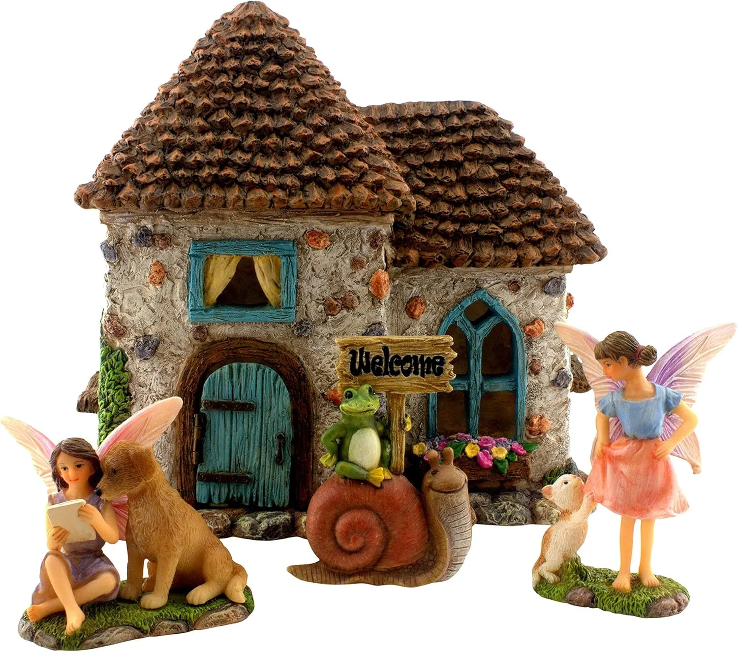 PRETMANNS Fairy Garden House Kit – Complete with Accessories for an Outdoor or Indoor Miniature Garden, Figurines with a Frog and Snail Sign - House 6.5” High with Door That Opens – 4 Pieces