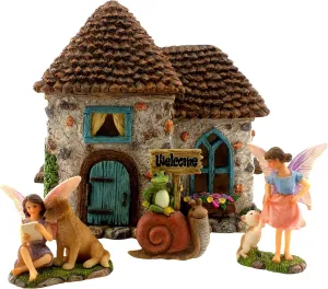 PRETMANNS Fairy Garden House Kit – Complete with Accessories for an Outdoor or Indoor Miniature Garden, Figurines with a Frog and Snail Sign - House 6.5” High with Door That Opens – 4 Pieces