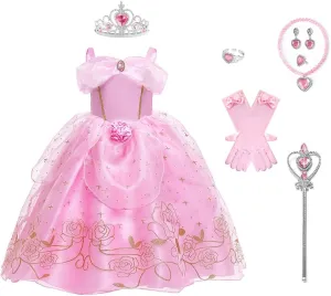 Princess Aurora Costume for Girls Birthday Party Outfit Halloween Cosplay Dress up with Accessories for 3T