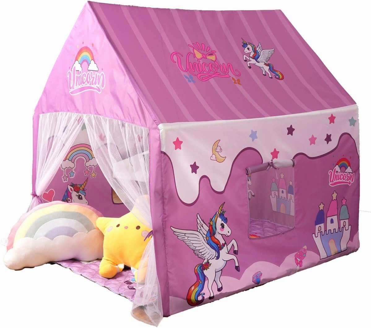 Princess Unicorn Castle Playhouse with Mat and LED Star Lights – Indoor & Outdoor Large Kids Play Tent for Imaginative Games Girls Toy House Gift Sizes 47×46.8×38.1In