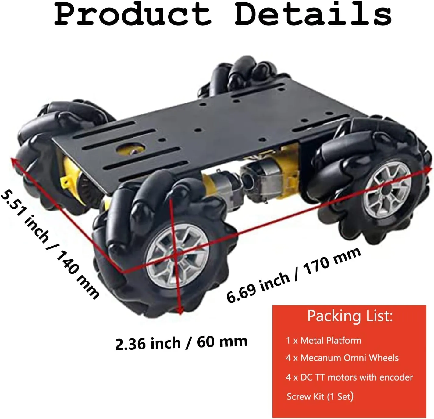 Professional 60mm Mecanum Wheel Car Chassis MC100 for Arduino/Raspberry pi/Micobit, Remote Control 4WD Metal Smart Robot Car Chassis Kit Omnidirectional Wheel with DC TT Motor DIY Toy AI ROS STEAM