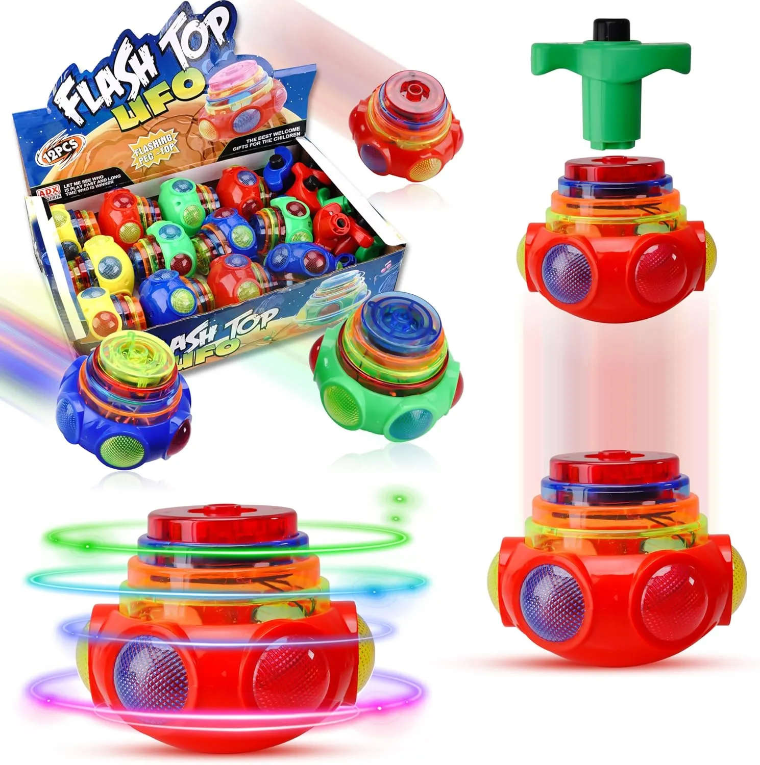 PROLOSO 12 Pack Led Spinning Tops Peg Top Light Up Music Spin Toys Glow in The Dark Party Supplies Gift Multicolored