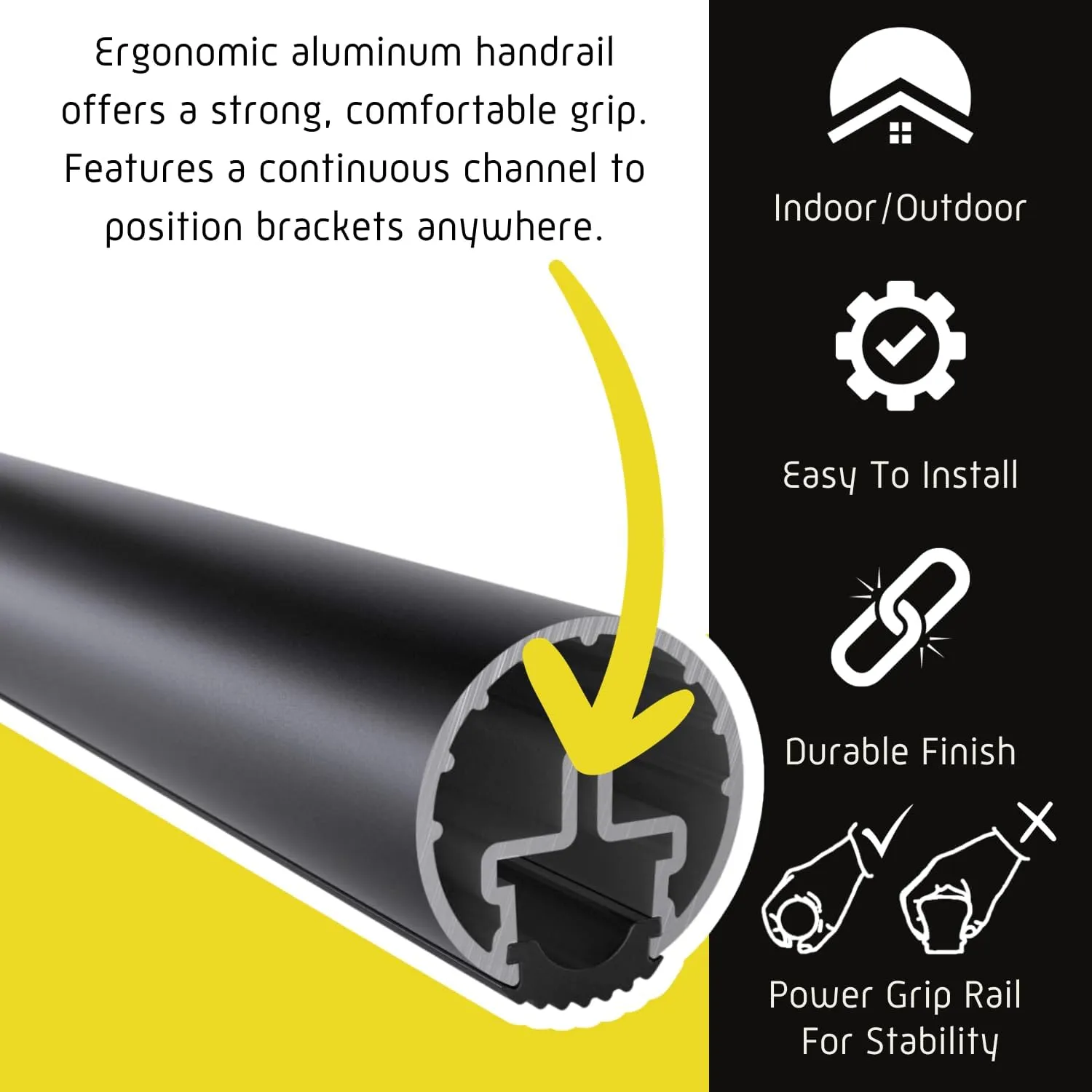 Promenaid 3ft ADA Handrail Kit - Satin Black - Complete Indoor/Outdoor Handrail for Stairs - 1.6" Round Anodized Aluminum Railing with 2 Satin Black Painted Pivoting Brackets & ADA Wall Returns