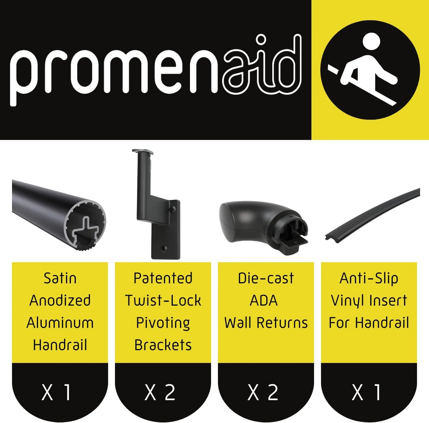 Promenaid 3ft ADA Handrail Kit - Satin Black - Complete Indoor/Outdoor Handrail for Stairs - 1.6" Round Anodized Aluminum Railing with 2 Satin Black Painted Pivoting Brackets & ADA Wall Returns