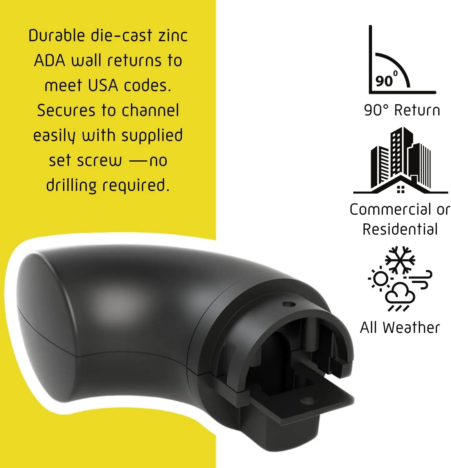 Promenaid 3ft ADA Handrail Kit - Satin Black - Complete Indoor/Outdoor Handrail for Stairs - 1.6" Round Anodized Aluminum Railing with 2 Satin Black Painted Pivoting Brackets & ADA Wall Returns