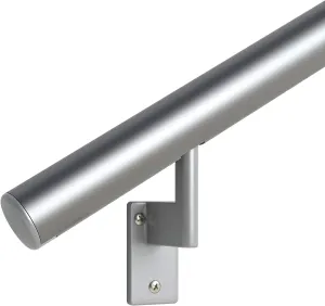 Promenaid 5ft Flush Handrail Kit - Silver - Complete Indoor/Outdoor Handrail for Stairs - 1.6" Round Anodized Aluminum Railing with 3 Silver Painted Pivoting Wall Brackets & Flush Endcaps