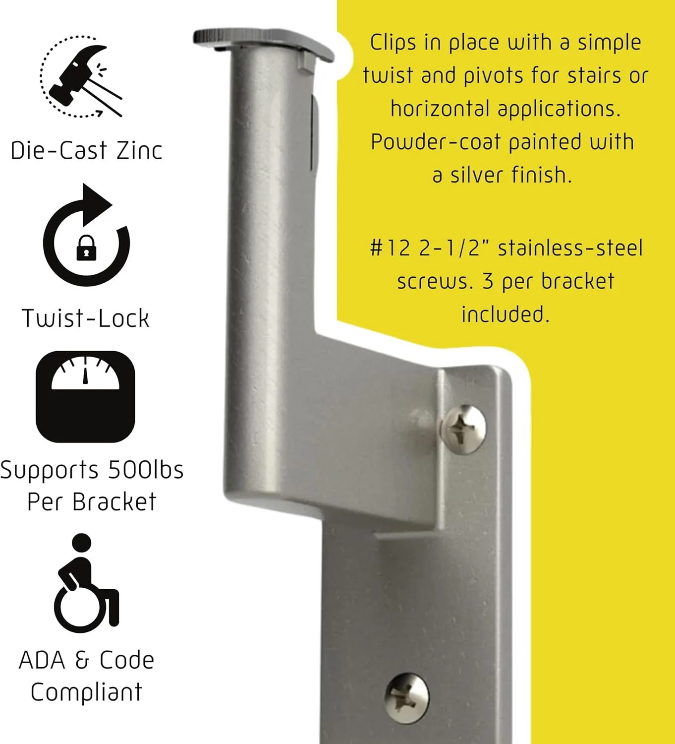 Promenaid 5ft Flush Handrail Kit - Silver - Complete Indoor/Outdoor Handrail for Stairs - 1.6" Round Anodized Aluminum Railing with 3 Silver Painted Pivoting Wall Brackets & Flush Endcaps