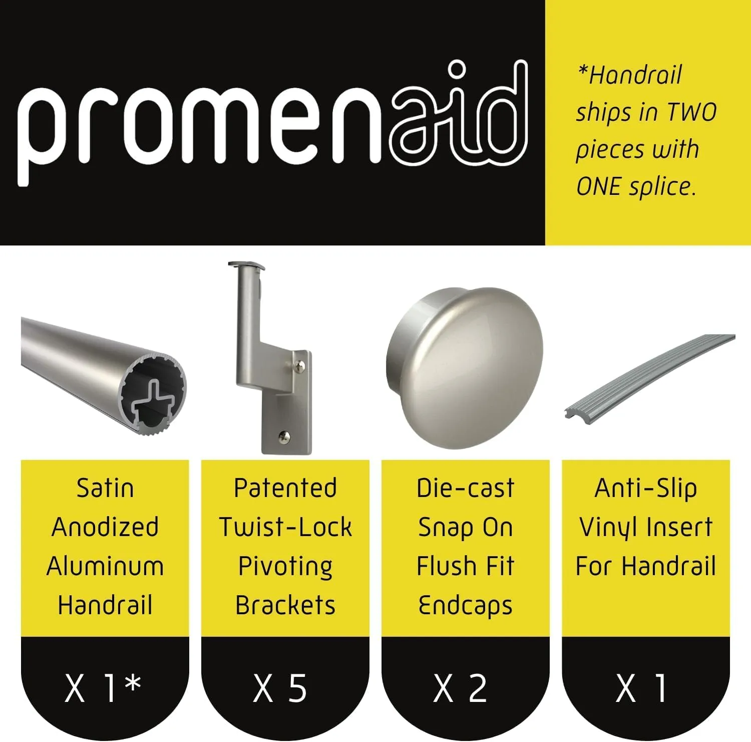 Promenaid 5ft Flush Handrail Kit - Silver - Complete Indoor/Outdoor Handrail for Stairs - 1.6" Round Anodized Aluminum Railing with 3 Silver Painted Pivoting Wall Brackets & Flush Endcaps