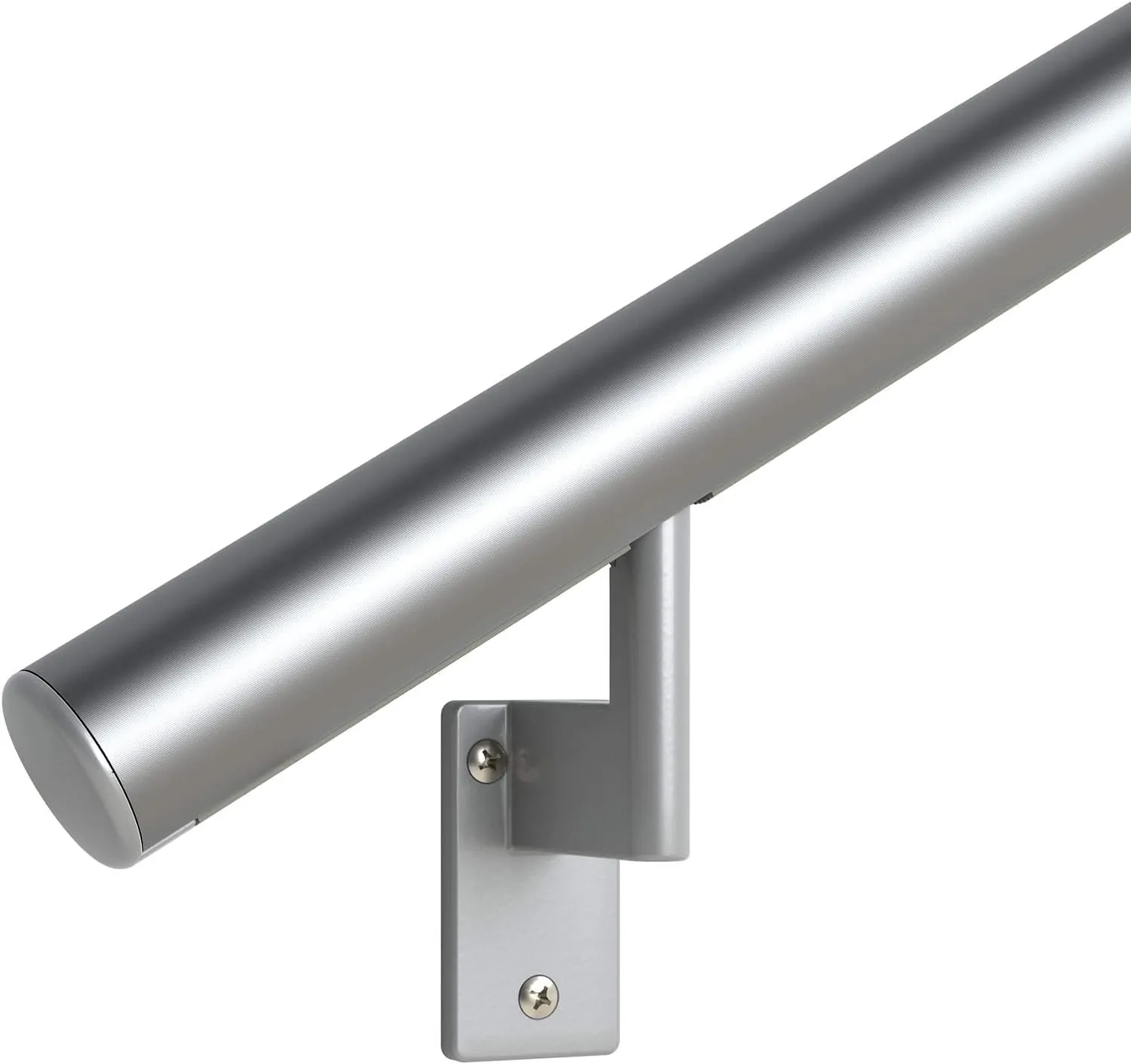 Promenaid 5ft Flush Handrail Kit - Silver - Complete Indoor/Outdoor Handrail for Stairs - 1.6" Round Anodized Aluminum Railing with 3 Silver Painted Pivoting Wall Brackets & Flush Endcaps