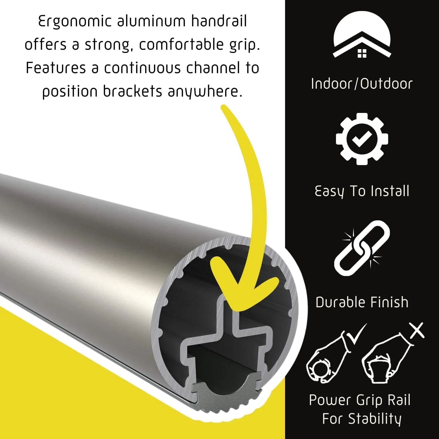Promenaid 5ft Flush Handrail Kit - Silver - Complete Indoor/Outdoor Handrail for Stairs - 1.6" Round Anodized Aluminum Railing with 3 Silver Painted Pivoting Wall Brackets & Flush Endcaps