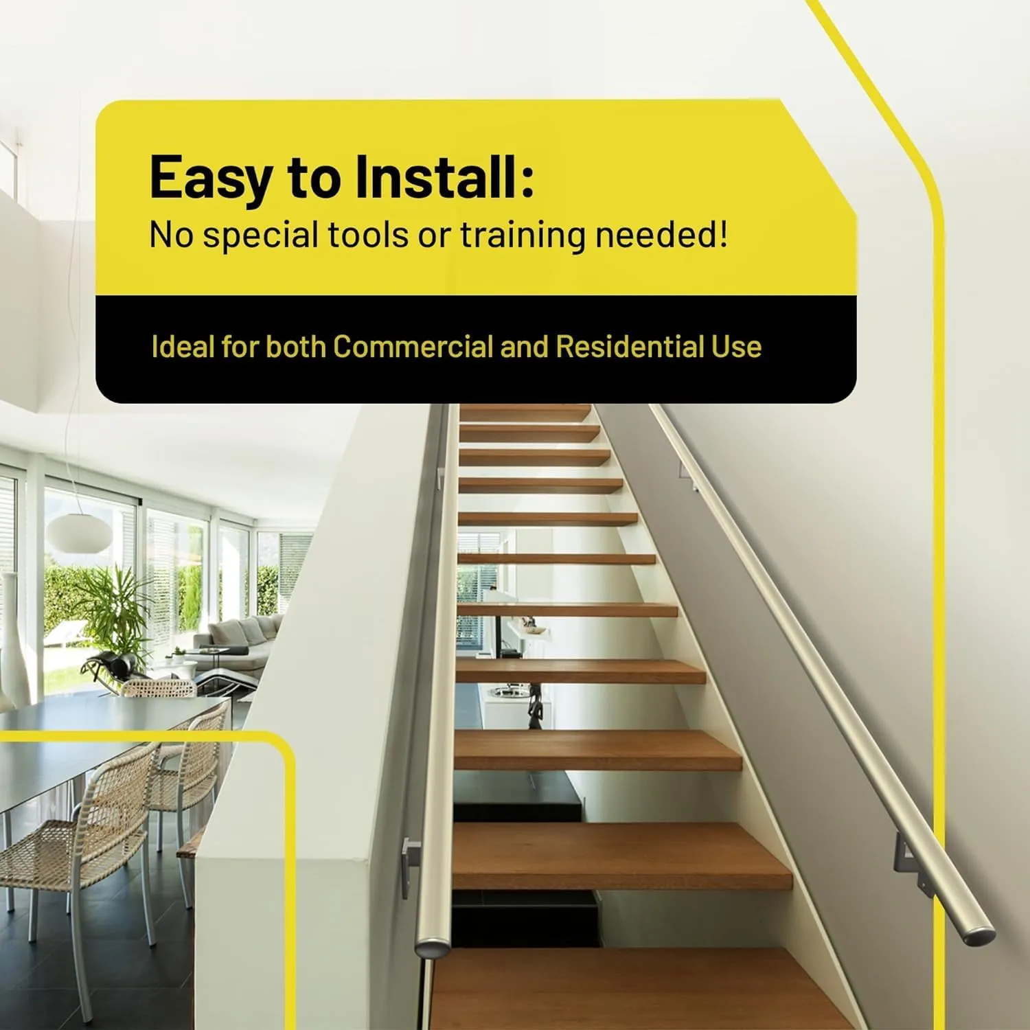 Promenaid 5ft Flush Handrail Kit - Silver - Complete Indoor/Outdoor Handrail for Stairs - 1.6" Round Anodized Aluminum Railing with 3 Silver Painted Pivoting Wall Brackets & Flush Endcaps
