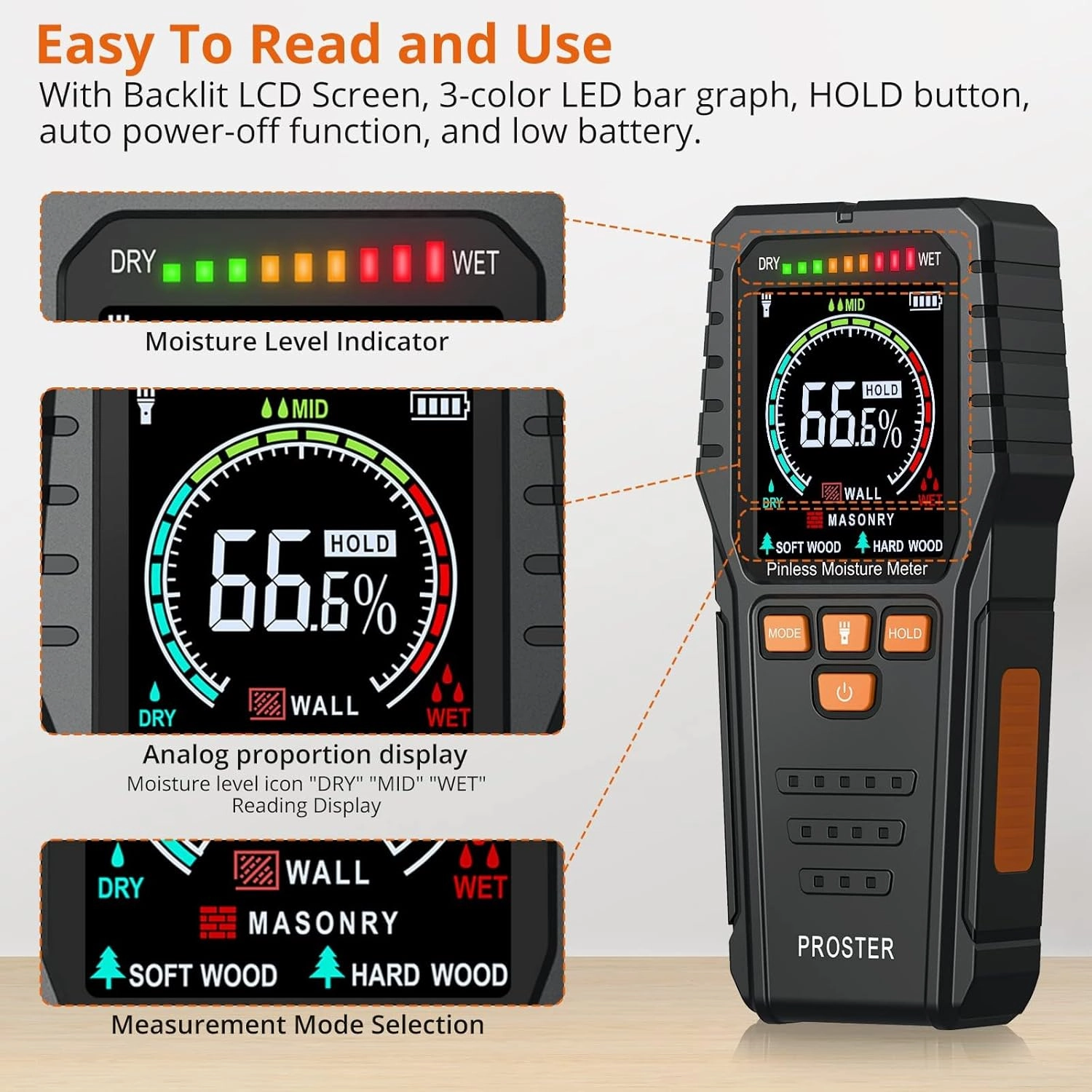 Proster Pinless Wood Moisture Meter - Non Destructive Moisture Tester for Wood Wallboard Masonry, Detect up to 3/4 Inch Below Surface, Backlit Color LCD, Visual Audible Alarm