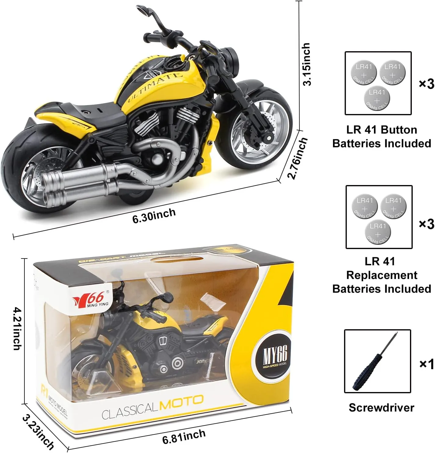 Pull Back Motorcycle Toys - Toy Motorcycle with Flashing Light up and Sounds for Aged 3  Kids Christmas Birthday Gifts. (Yellow)