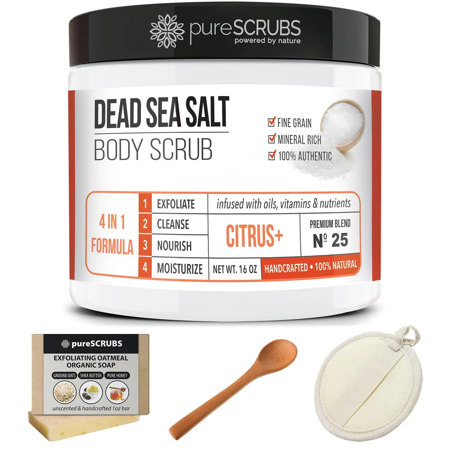 pureSCRUBS Premium Citrus Body Scrub Set - Large 16oz Dead Sea Salt Body Scrub With Infused Essential Oils & Nutrients, Includes Wooden Spoon, Loofah & Oatmeal Exfoliating Bar Soap