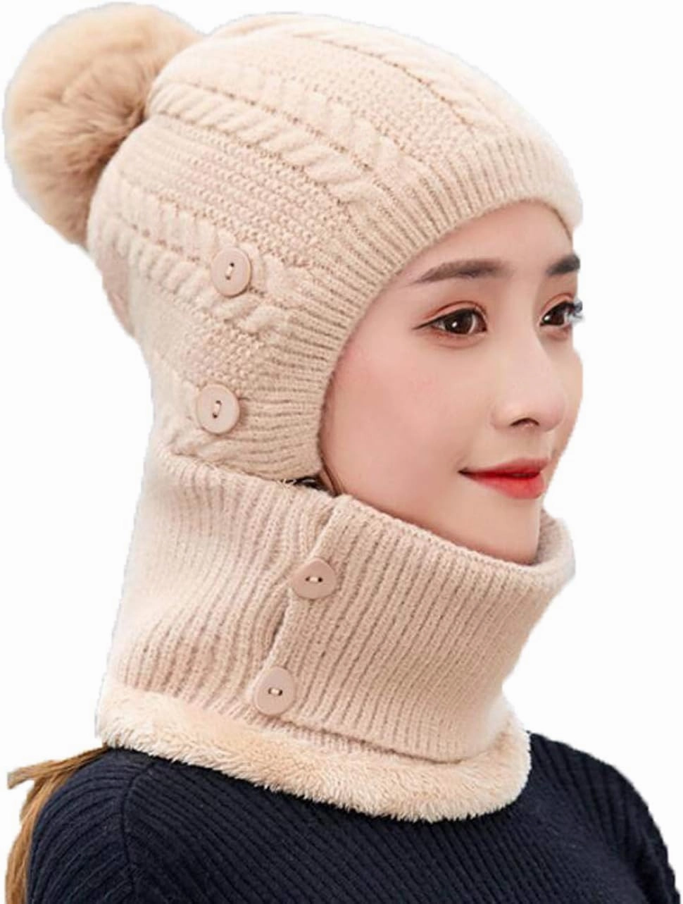 PURFUN 3 in 1 Women Winter Fleece Liner Knit Beanie Neck Gaiter Removable Face Bandana