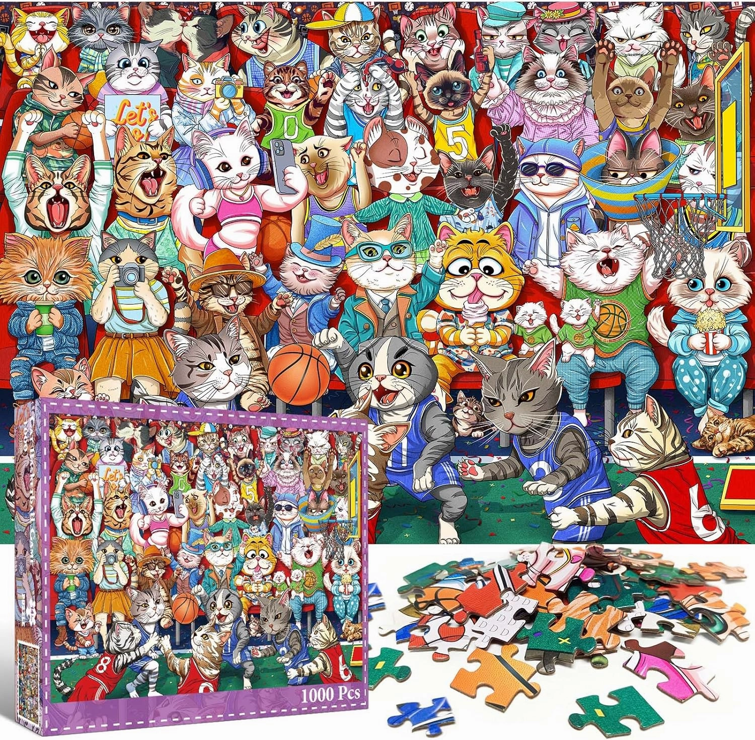 Puzzles for Adults 1000 Pieces, Cat Basketball Fun Jigsaw Puzzles Challenging Game, Puzzles Interlock Perfectly No Dust, for House Decoration, Party Toy for Kids Parents