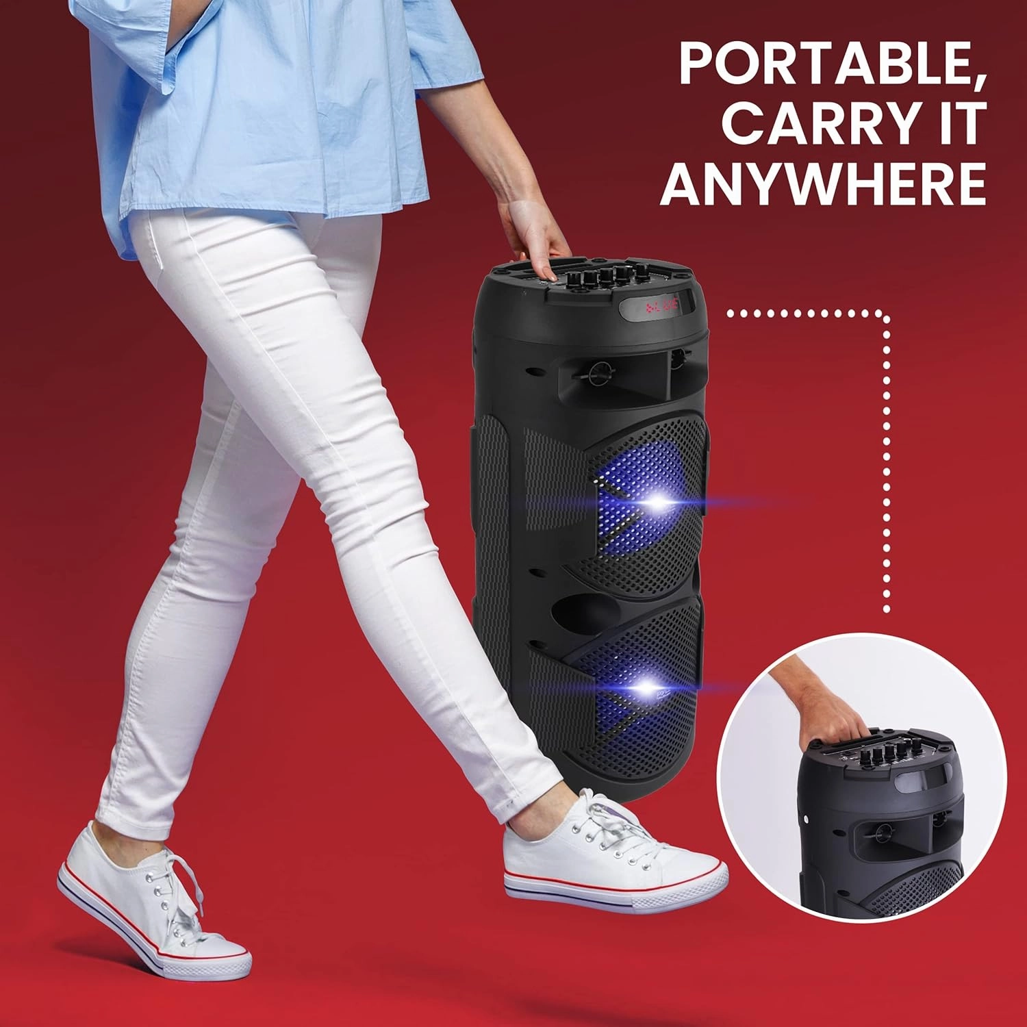 Pyle Outdoor Bluetooth Speakers, 300W High-Powered PA System, 8" Rechargeable Bluetooth Speaker with Microphone, BT Karaoke Audio System-FM/AUX/MP3/USB, Carry Handle-Wireless Mic, Remote Control