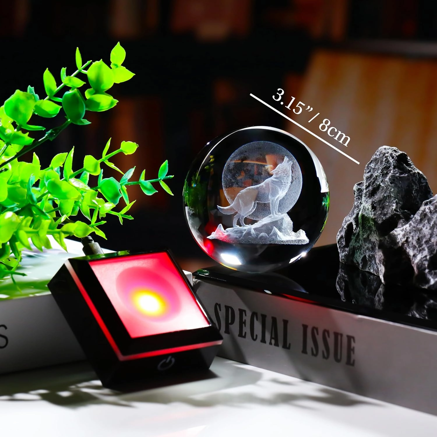 Qianwei Wolf Gifts: 3D Crystal Ball - 3.14'' Laser Decor Glass Animals Figurines Statue & Night Light