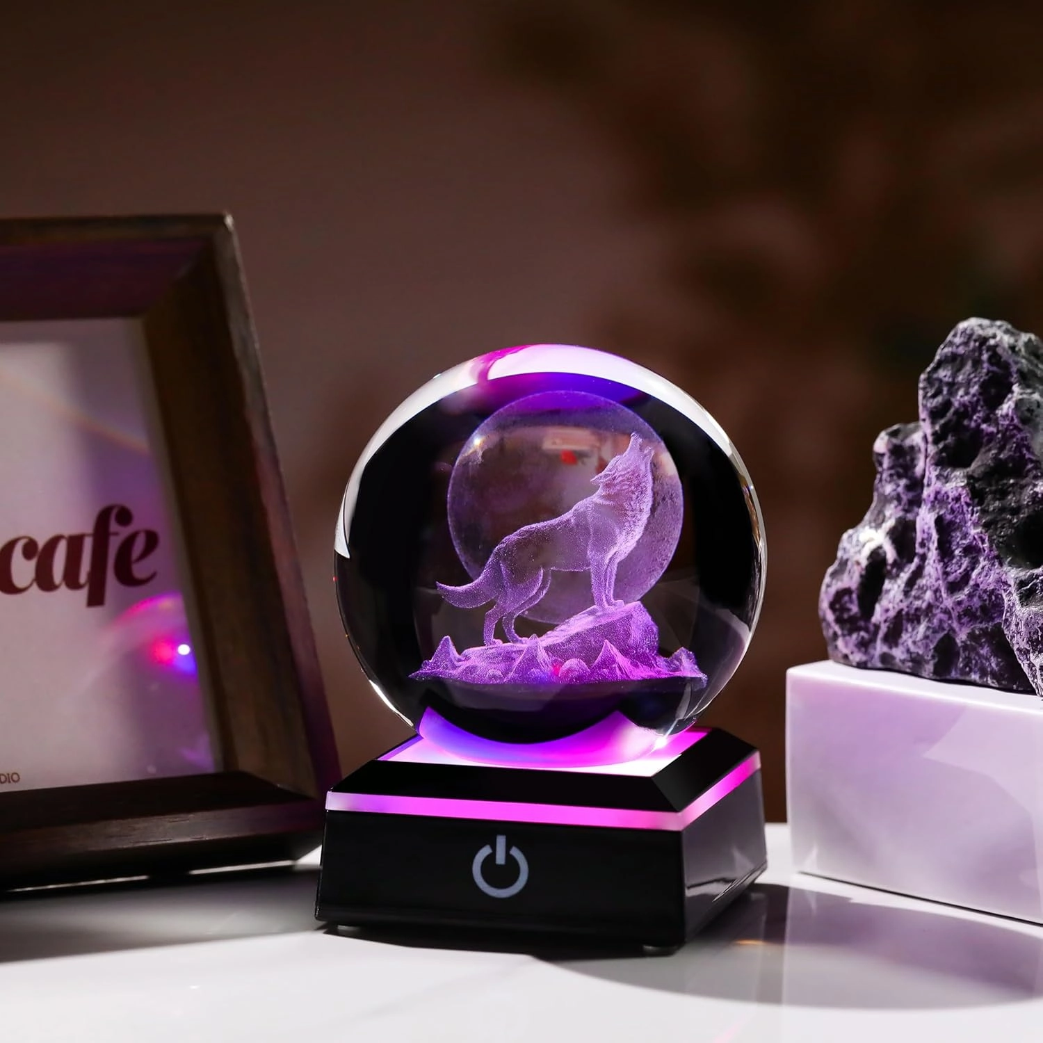Qianwei Wolf Gifts: 3D Crystal Ball - 3.14'' Laser Decor Glass Animals Figurines Statue & Night Light