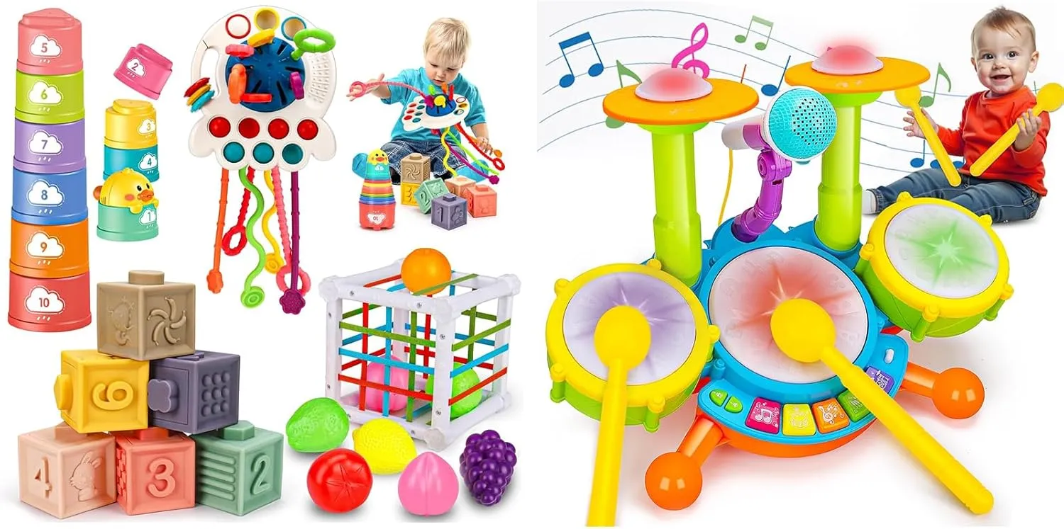 Qirptey Montessori Baby Toys 12-18 Months Drum Set for Toddlers 1-3 Musical Toys