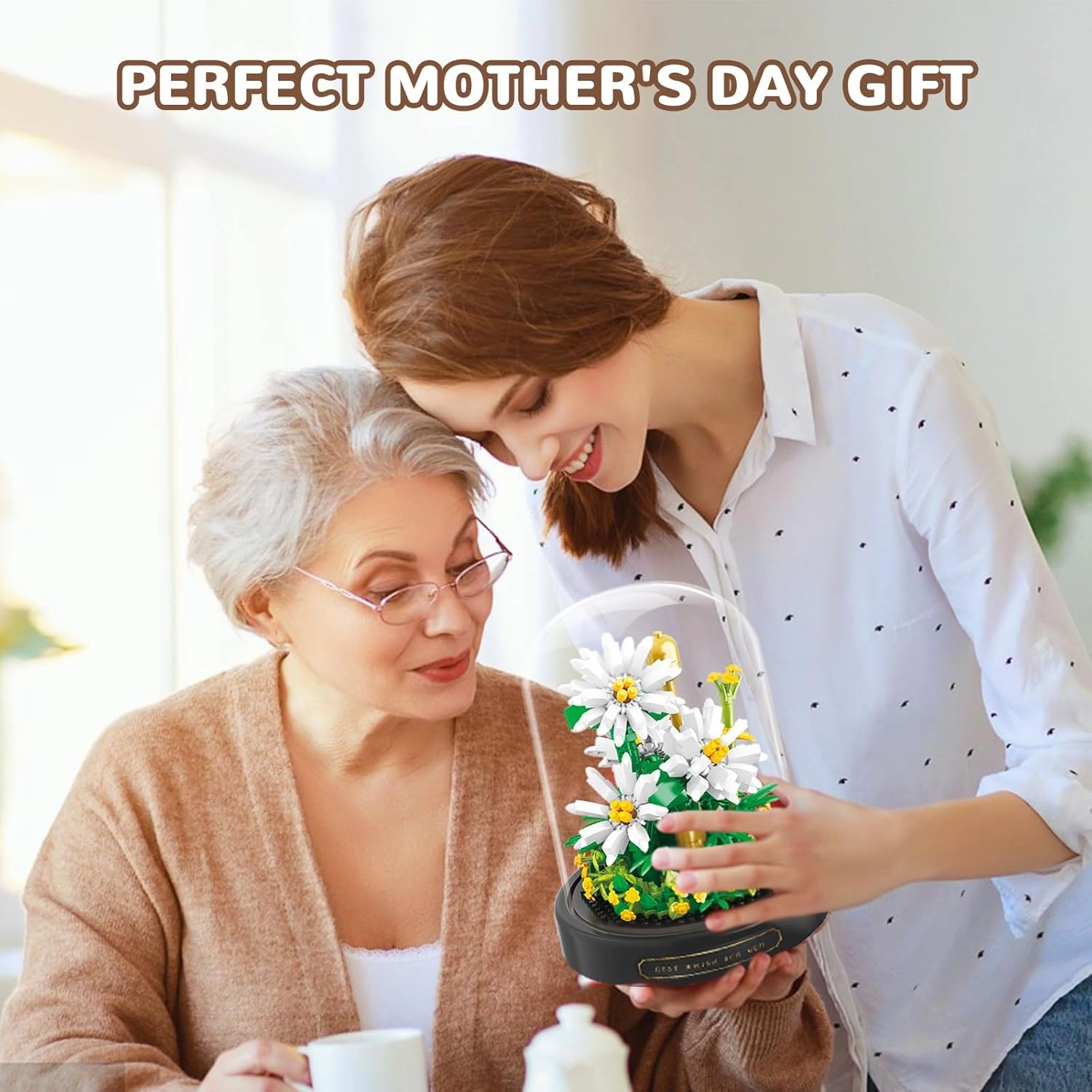QLT QIAOLETONG Flower Bouquet Building Set, 490 PCS White Daisy Mini Building Blocks Kit for Adults, Flower Botanical Collection for Home Decor, Mother's Day for Mom